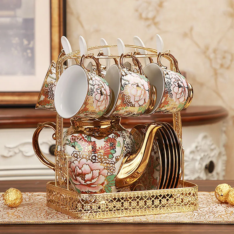 Royal Coffee Tea Set Luxury Gold Printed Ceramic Teapot with 6 Cups and Saucers European Design Style