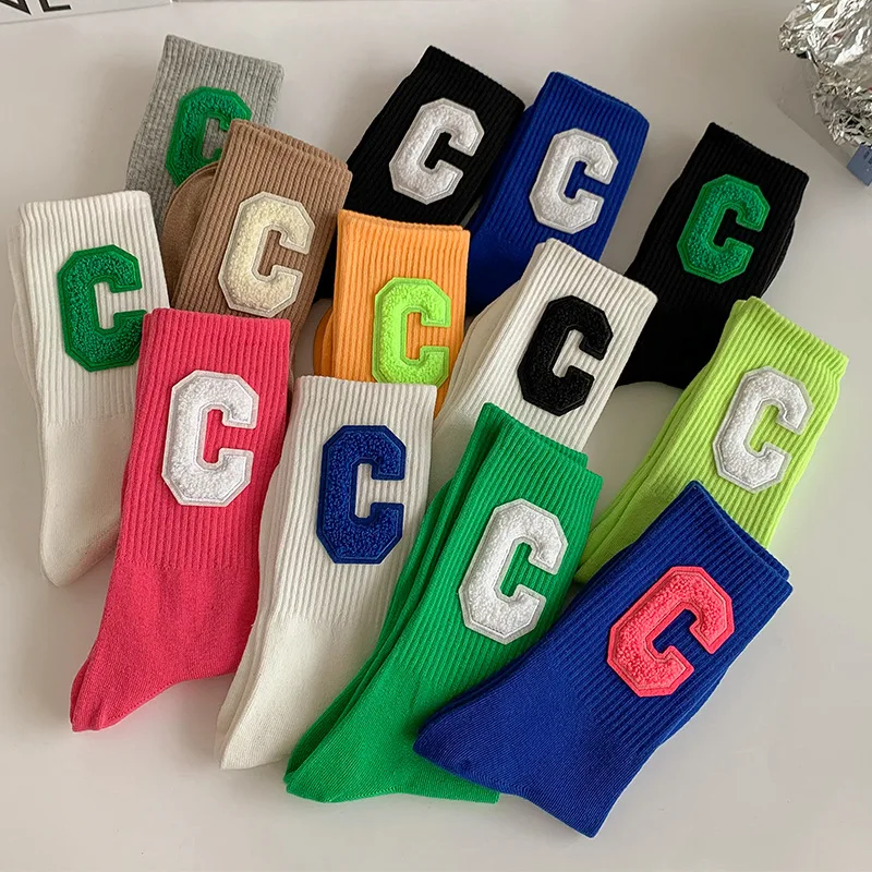 Jingwen wholesale C-shaped cotton solid color high quality mid-tube women socks