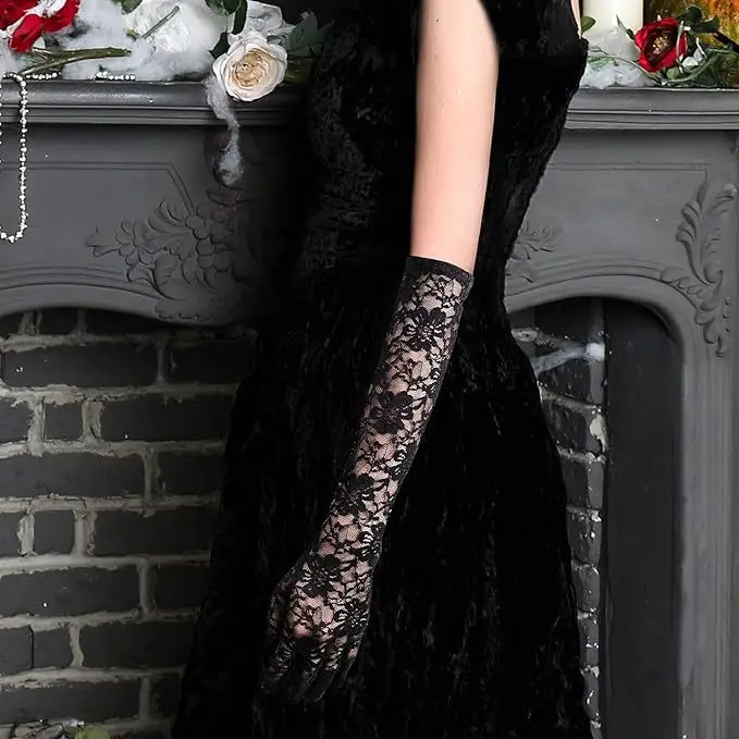 Fashion Lace Long Gloves Female Elegant Stretch Tulle Mesh Semi Sheer Women Full Finger Mittens Bride Wedding Black Gloves