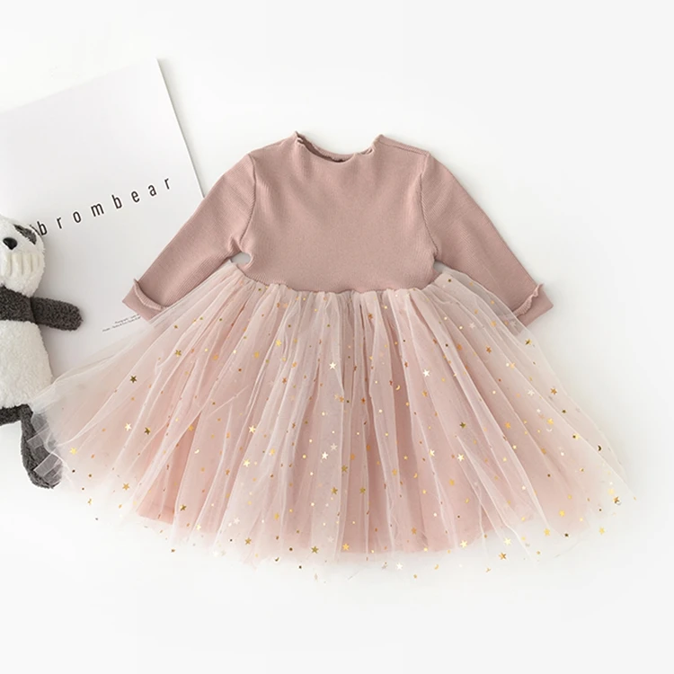 
Pink lace sequin boutique knitted ruffle kids clothes princess toddler baby girl dress 