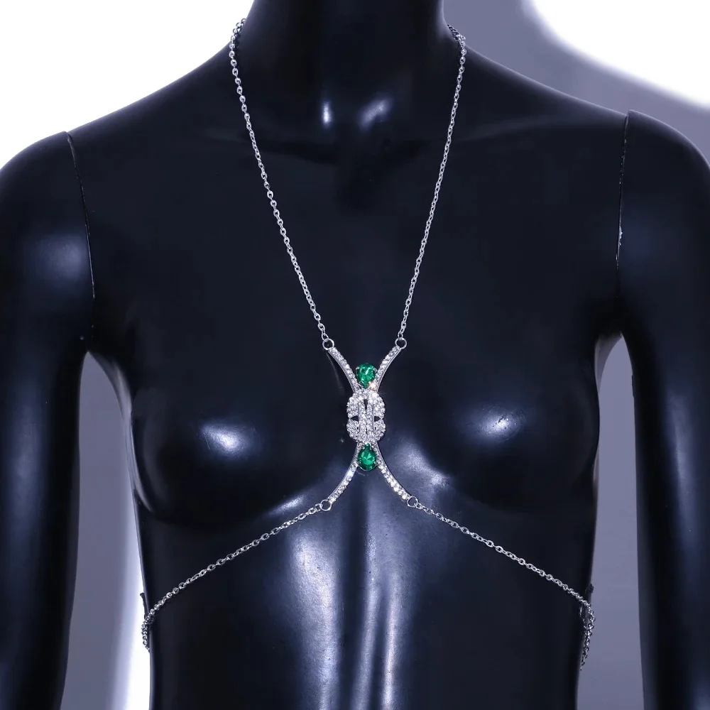 Fashion Exquisite Jewelry X-Shaped Emerald Diamond Inlaid Chest Support Luxury Fashion Beauty Shiny Sexy Chest Chain