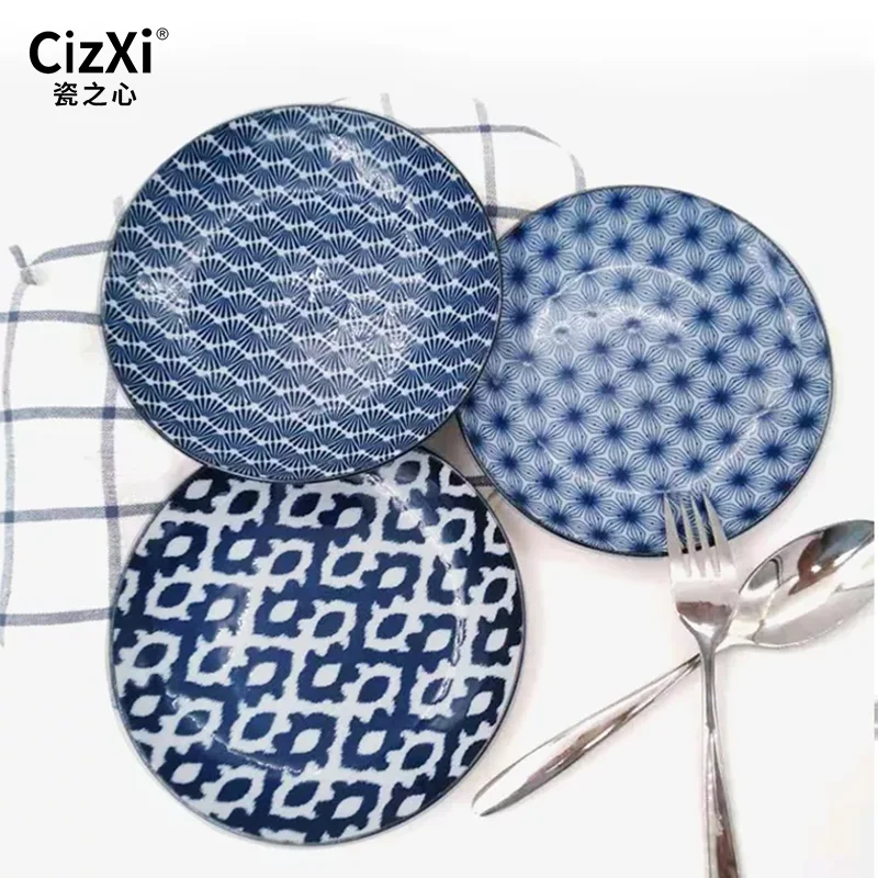 Japanese style daily creative tableware sushi salad dessert geometric pattern round ceramic plate for hotel home restaurant