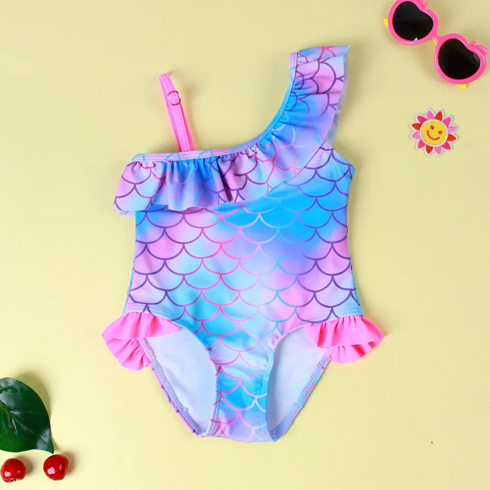 Girls Cute Cartoon Mermaid Tie Dye Ruffled Swimsuit Cami One Shoulder One piece Swimsuit