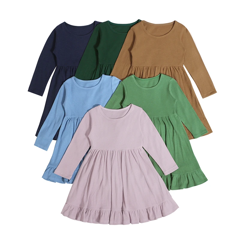 Custom Embroidery Winter Toddler Outfits Solid Color A-line Long Sleeve Crew Neck Children Girl Dress