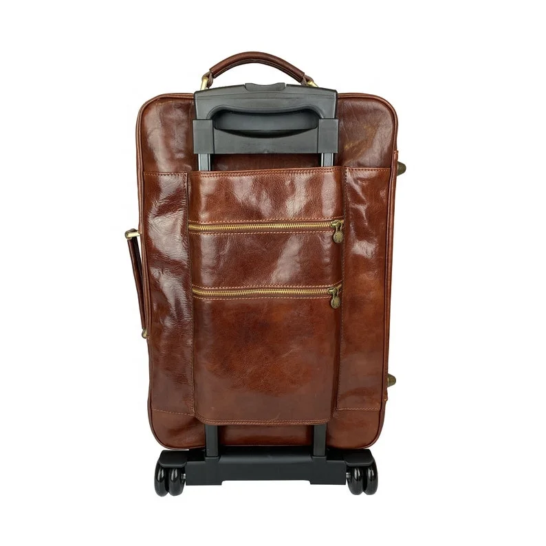 Trolley Travel Suitcase Highest Quality Leather Duffle Bag Brown Wheels and Handle