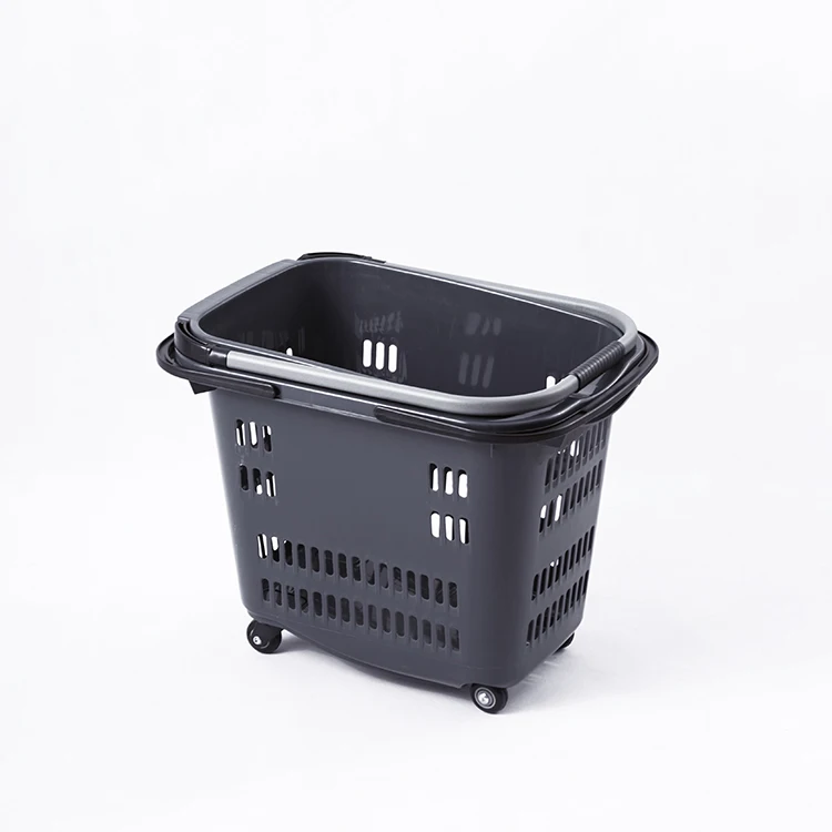 High Quality Luxury Medium Four Wheel supermarket Shopping Basket Aluminum Alloy Handle plastic basket
