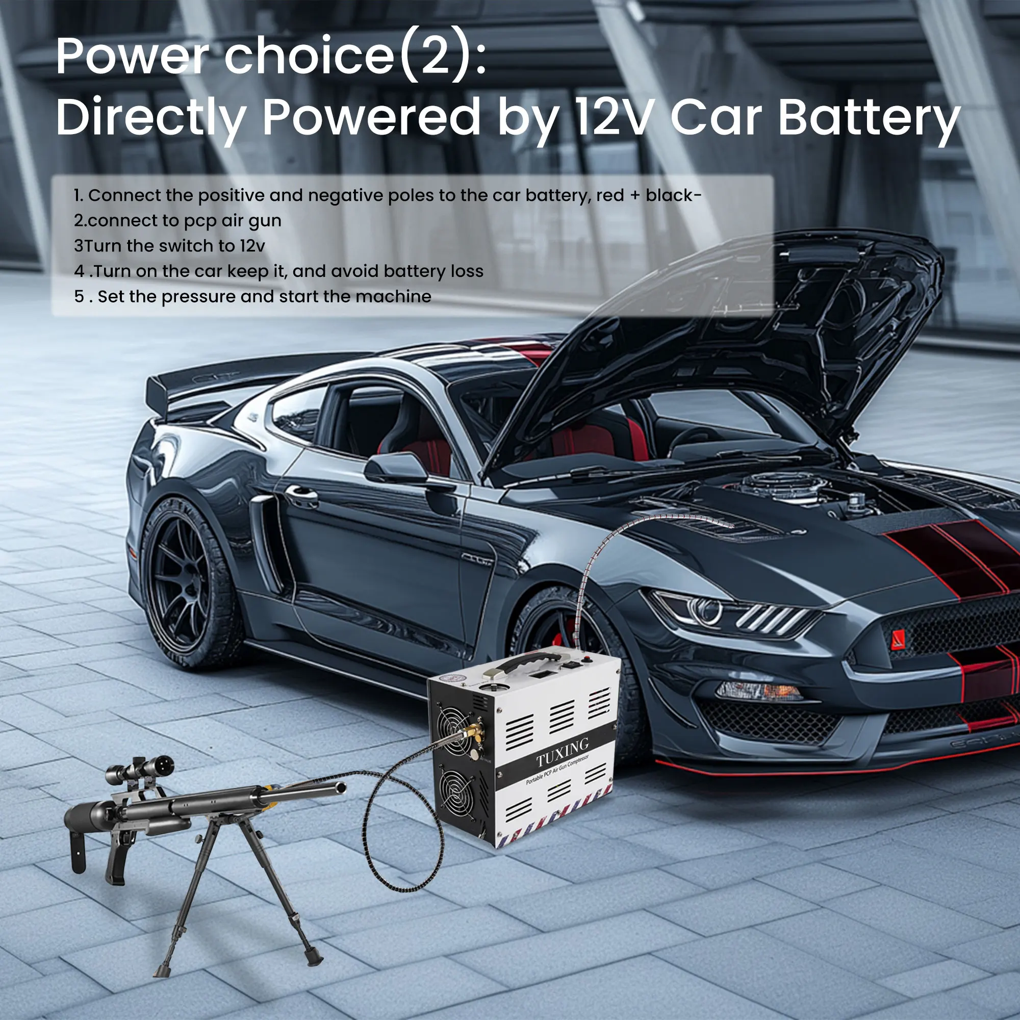 TUXING Hot Sale Custom Color 12V 4500psi 300bar 30mpa DC 220V Auto Stop Double Cylinder Breathing Paintball PCP Air Compressor