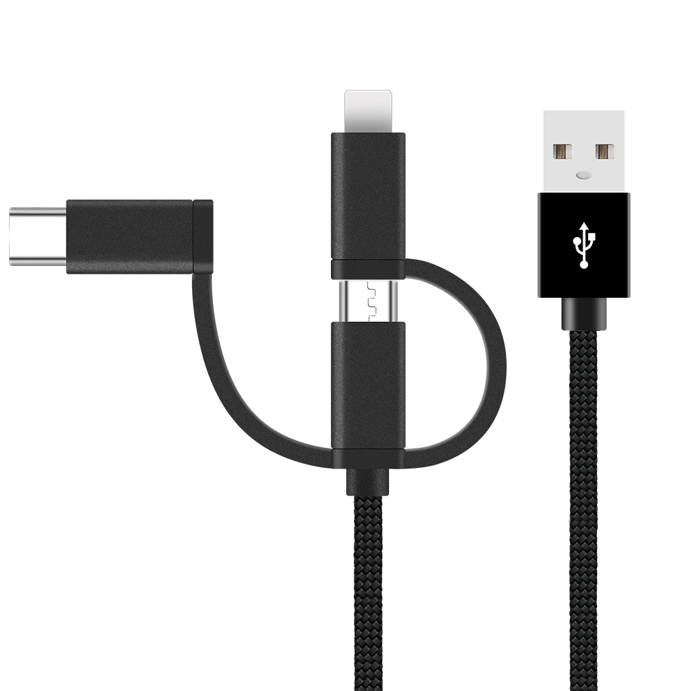 Universal Nylon Braided 3 in 1 USB Cable 1M Quick Charging Cable for Micro Type C 8 Pin Multiple USB Data Cable