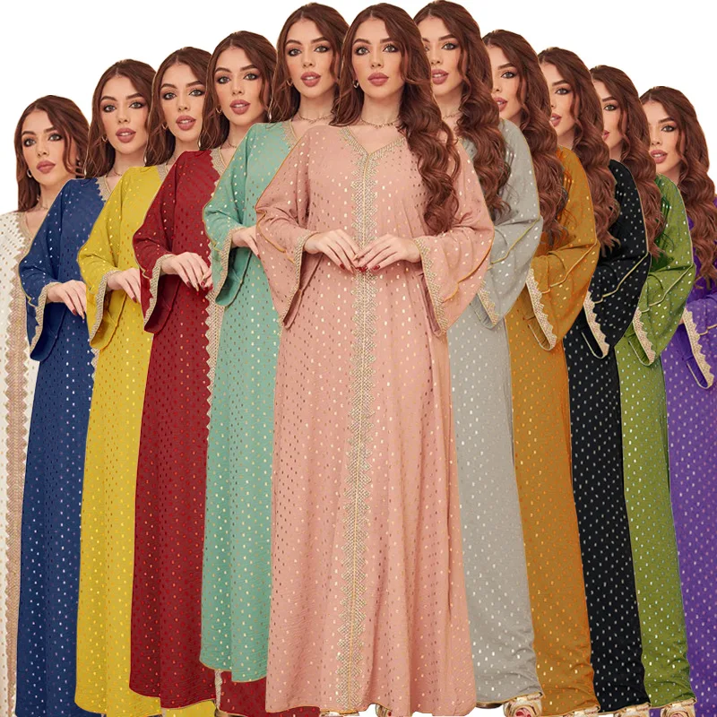 2024 Newest dress Dubai Middle East ladies luxury gold printed long sleeves maxi dresses modest abaya Muslim robe