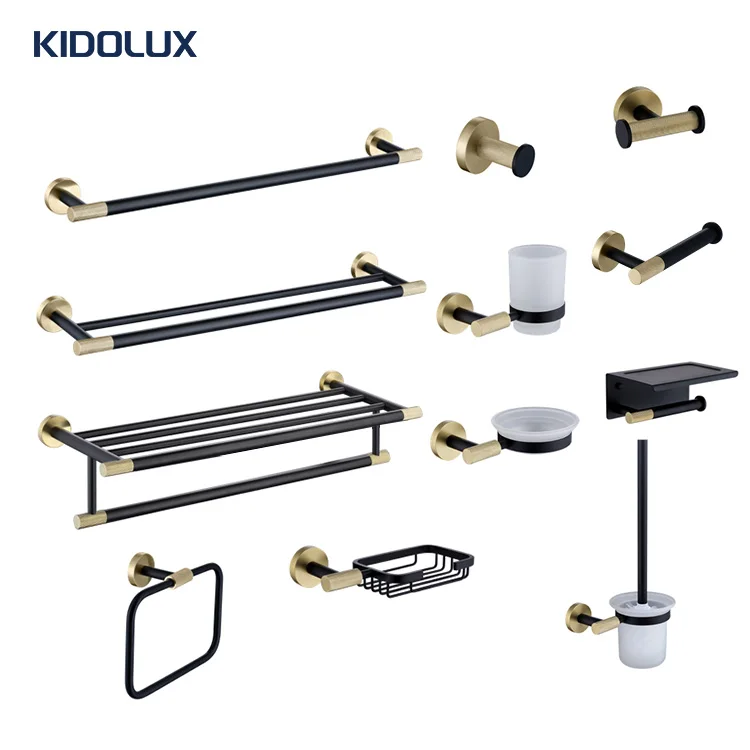Kidolux OEM SUS304 Wall Mount Carving Gold Black Towel Bar Rack Toilet Roll Tissue Hanger Clothes Hook Bathroom Accessories Set