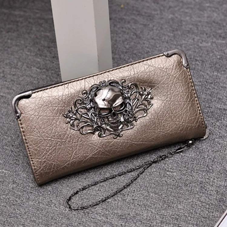 
Korean Fashion Retro Designer Brand Name Clip Wallets Long Punk Skull Head Lady Long Purses 2021 