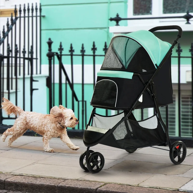 Mint Green Fresh Outdoor Pet Trolley Cart One Hand Folding Storage Bag Pet Dog Stroller for Travel Walk