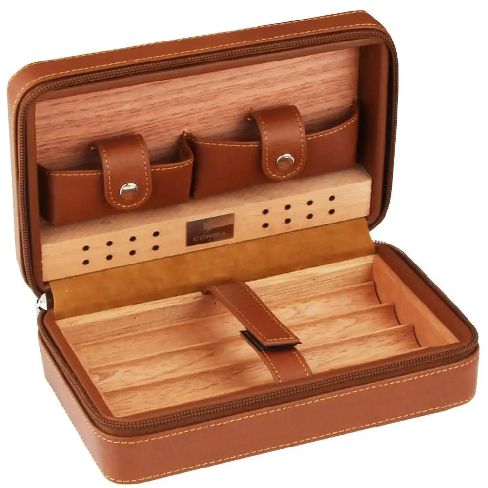 Luxury 4-finger Portable Travel Cigar Case Cedar Wood Leather Cigar Humidor With Cigar Cutter