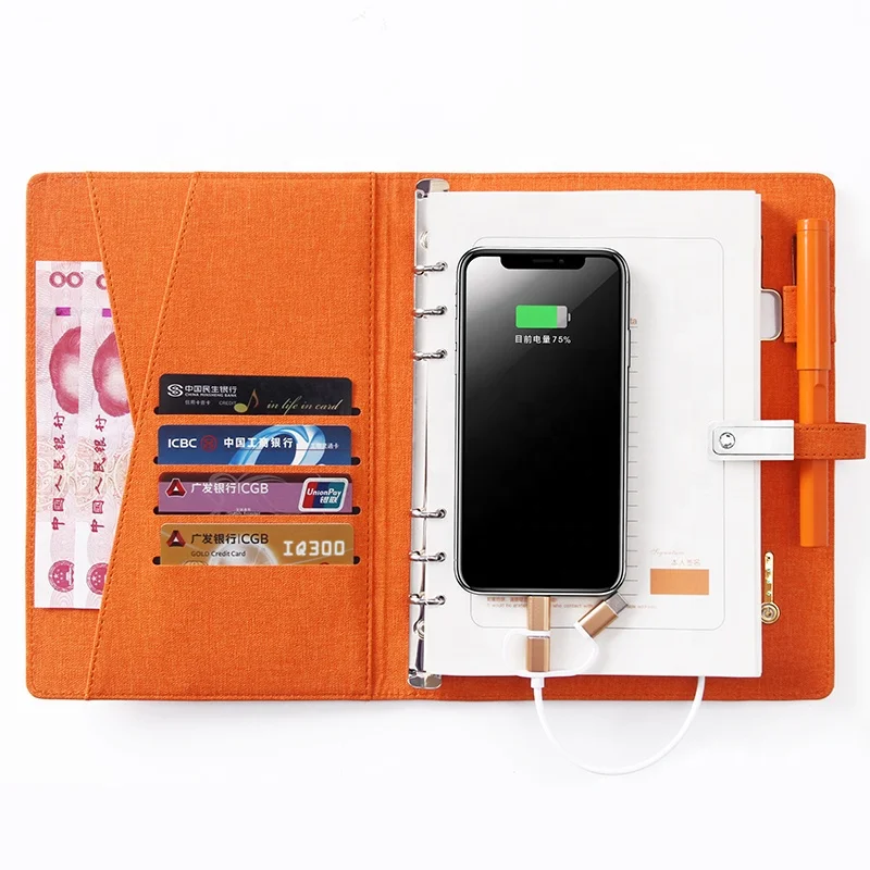 2020 colorful writing notebook custom logo with wireless powerbank USB