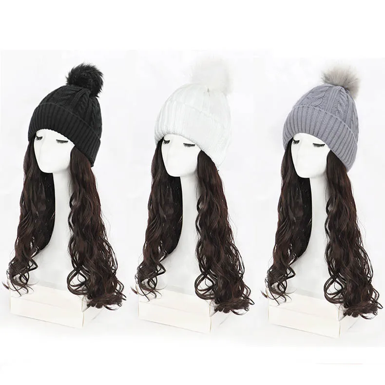 Fashion Autumn Winter Warm New Wigs With Hat Long Wave Hair Beanie Hat With Wig
