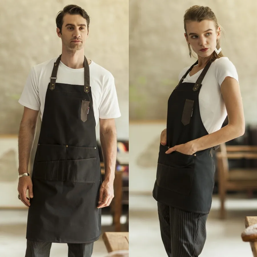 Stock Fashion 100% COTTON Multi Pockets Overall Unisex Kitchen Apron with Logo for Restaurants Cafe Bar Home Cooking