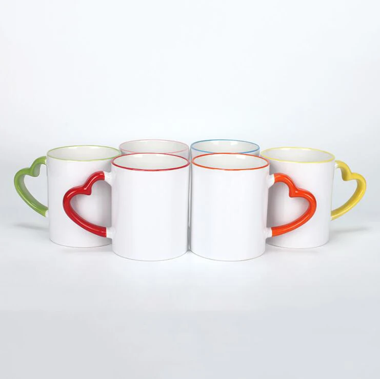 11 Oz  Heart Rim Color Handle Sublimation Blank Ceramic Coffee Mug/Cup For Promotion Gifts
