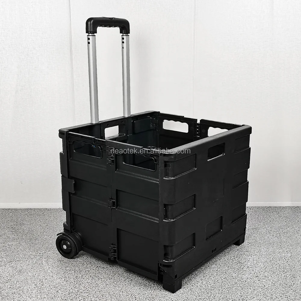 Pack and roll collapsible portable folding plastic grocery shopping trolley cart with wheels Adjustable Handle