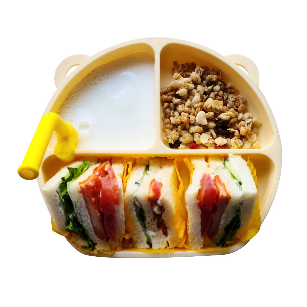 BPA Free Food Grade Divided Unbreakable Non Slip Suction Silicone Baby Plate with Silicone Straw for Toddlers
