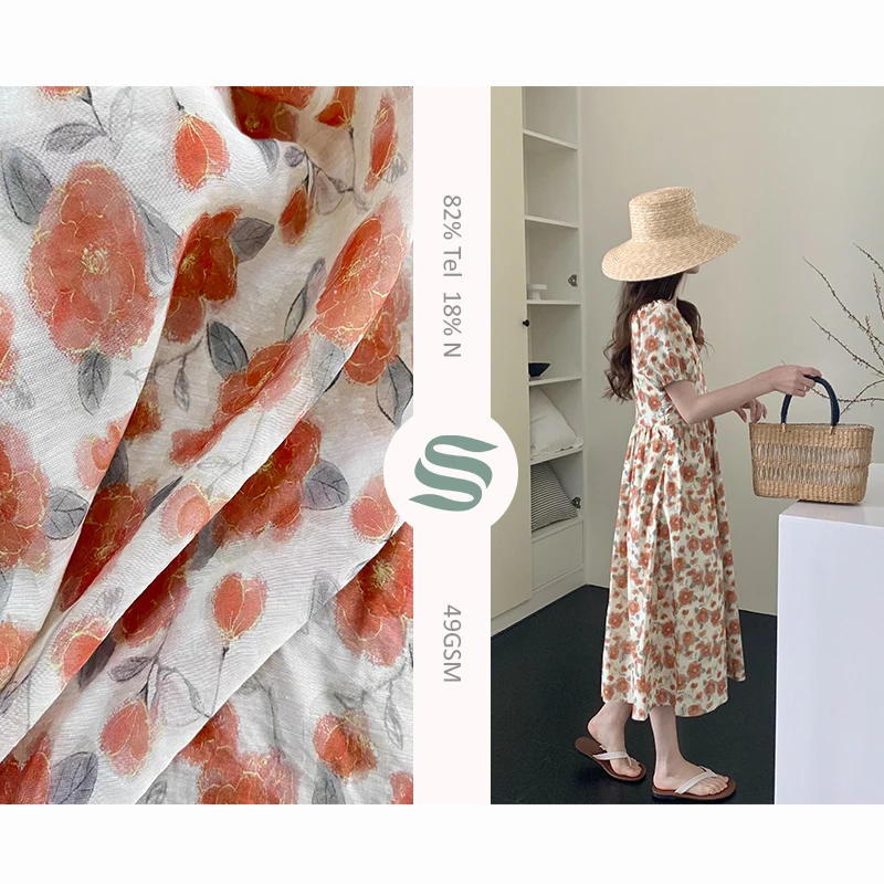 Manufacturer 82% lyocell 18% Nylon woven poplin fabric custom digital print light chiffon breathable soft for women dresses