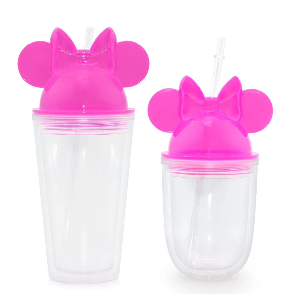 Hot Selling Wholesale Acrylic Plastic Double Wall Clear Drinking Cup Cute Mickey Mouse Water Bottle