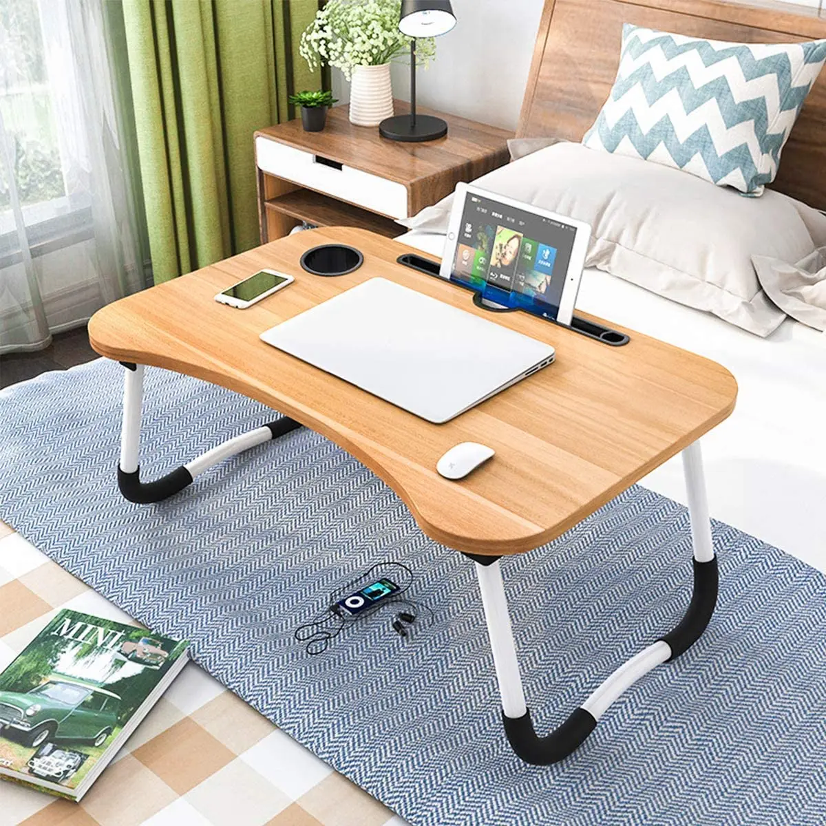 
Wideny Wood Portable Foldable Laptop Table Desk with Foldable Legs & Cup Slot for Eating Breakfast Sofa Notebook Computer Stand 