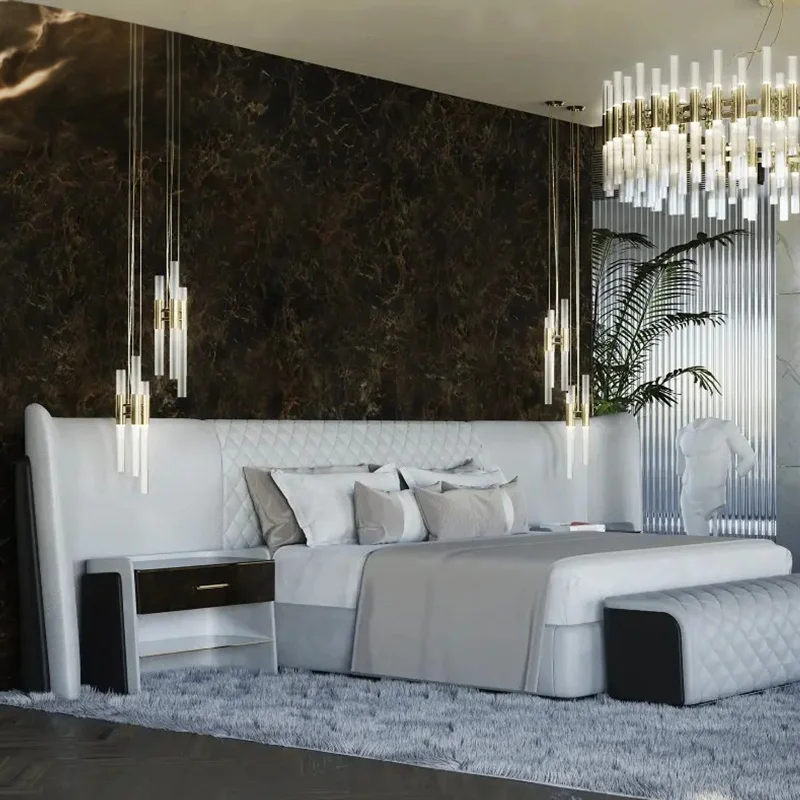 High end villa furnitures luxury velvet fabric large headboard bed set home super king size bed white bedroom furniture