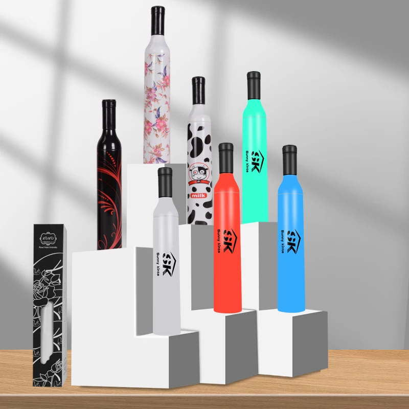 8K Wholesale 3 Fold Umbrella Price Cheap Design Solid Color Umbrella Promotional Wine Bottle Umbrella