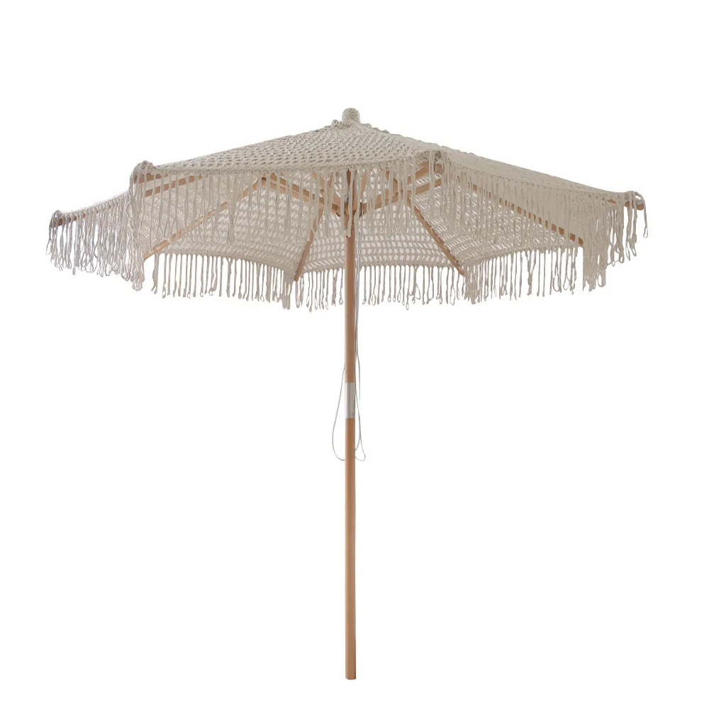 Outdoor Hand Woven Rope Sun Parasol Cotton Rope Braided Patio Garden Umbrella 2.5m Wooden Center Pole Patio Umbrella Custom Logo