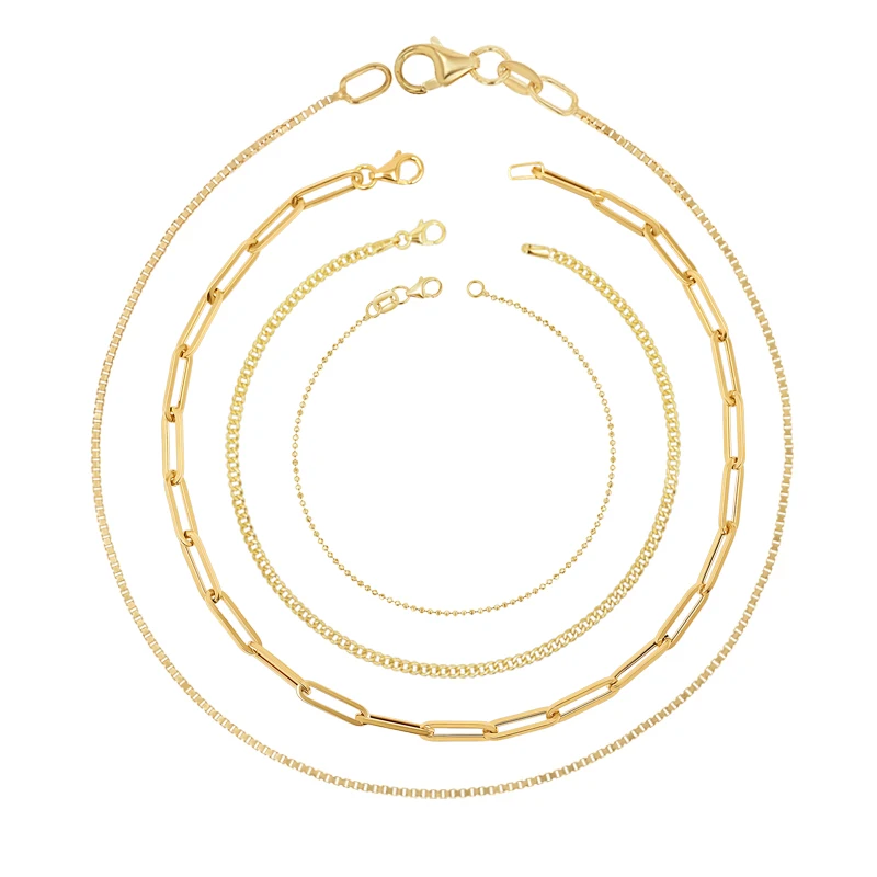 Wholesale Gold Chains Bracelet 14K Solid Gold Chain Oro 14K Original Paper Clips Box Ball Cuban Link Foot Chain