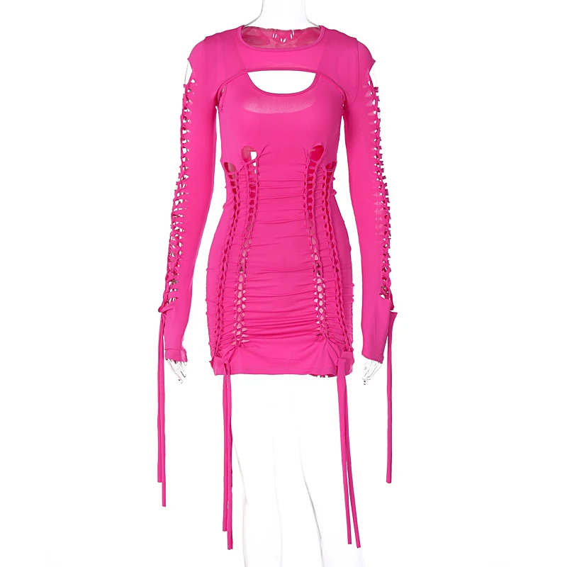 Fashion sexy two pieces dress set with tie up hollow out mini sleeveless dress and long-sleeve crop top