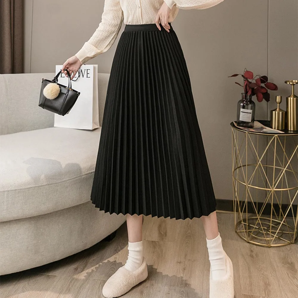 Woolen Pleated Skirts Womens Fashion High Waist Black Gray Skirt Loose Thick Warm 2021 Autumn Winter Long Skirt VD2382