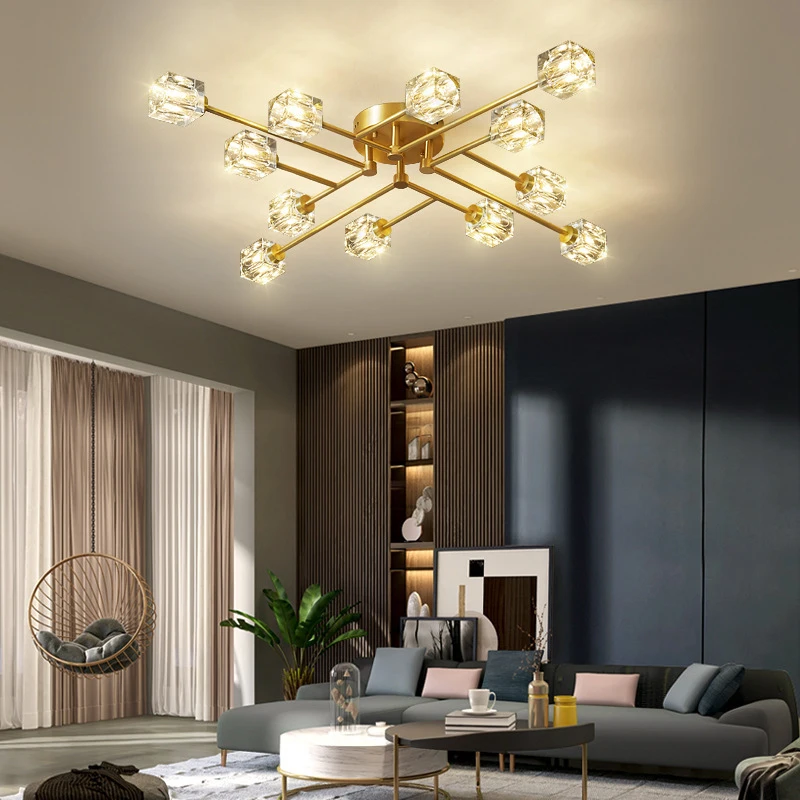 72W/96W/144W Gold Color Nordic Luxury Brass Material Custom Heads Crystal LED Ceiling Mounted Chandelier