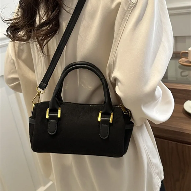 2024 Spring New Fashion Simple Wool Crossbody Bag Women Retro Vintage Style Hand Cylinder Shoulder Bag Lock Summer
