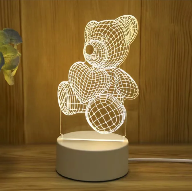 Hot Sale Colors Changing Acrylic Table Lamp Creative Cartoon 3D Teddy Bear Optical Illusion for Kids and Lovers