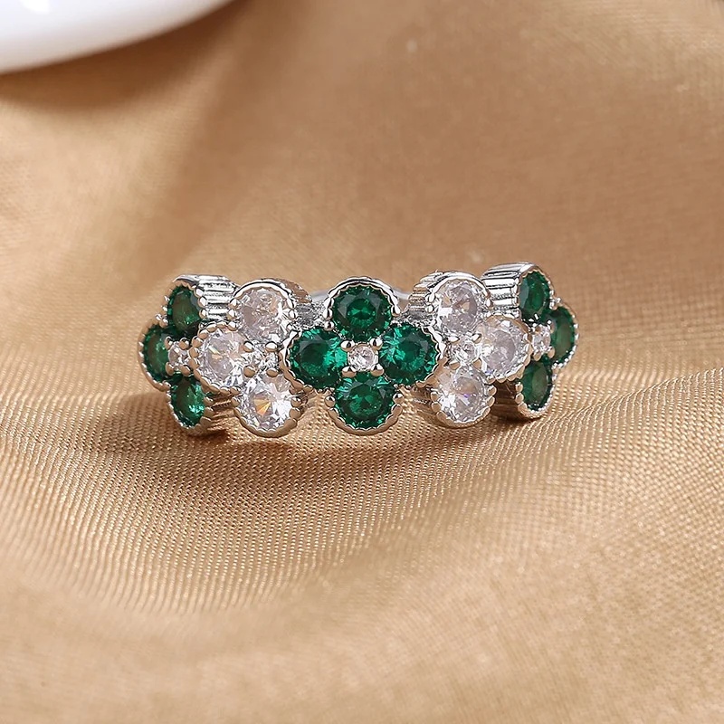 Light Luxury Crystal Silver Rings Micro Pave Diamond Emerald Ruby Rings For Women Party Wedding Jewelry