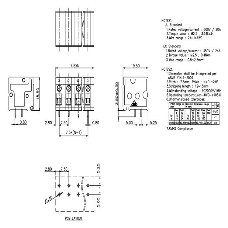 Fixed terminal block 7.5mm screw type PCB terminal block105R replace Phoenix electronic connector