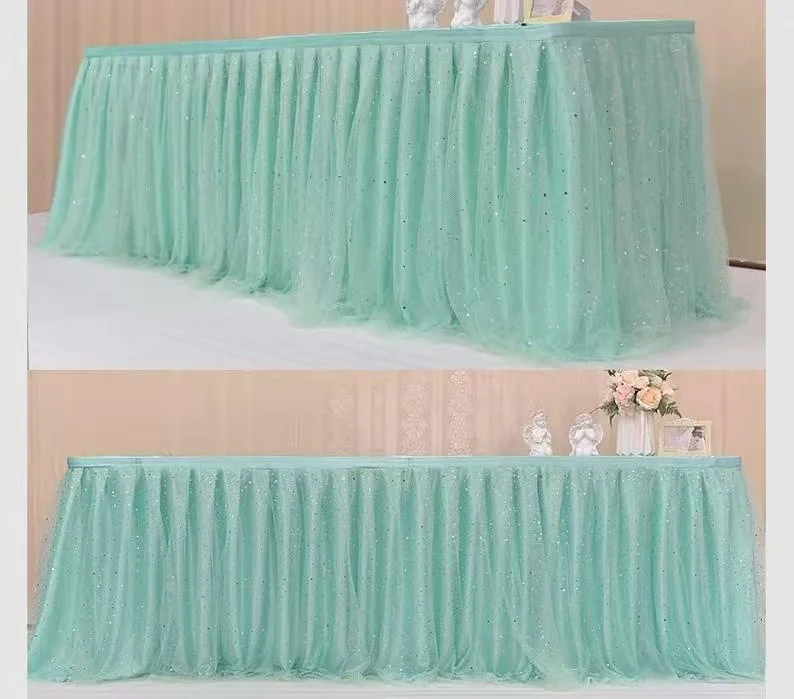 Rectangle round candy Baby pink tulle table skirt Dot Table tutu cloth wedding decor table fluffy skirting