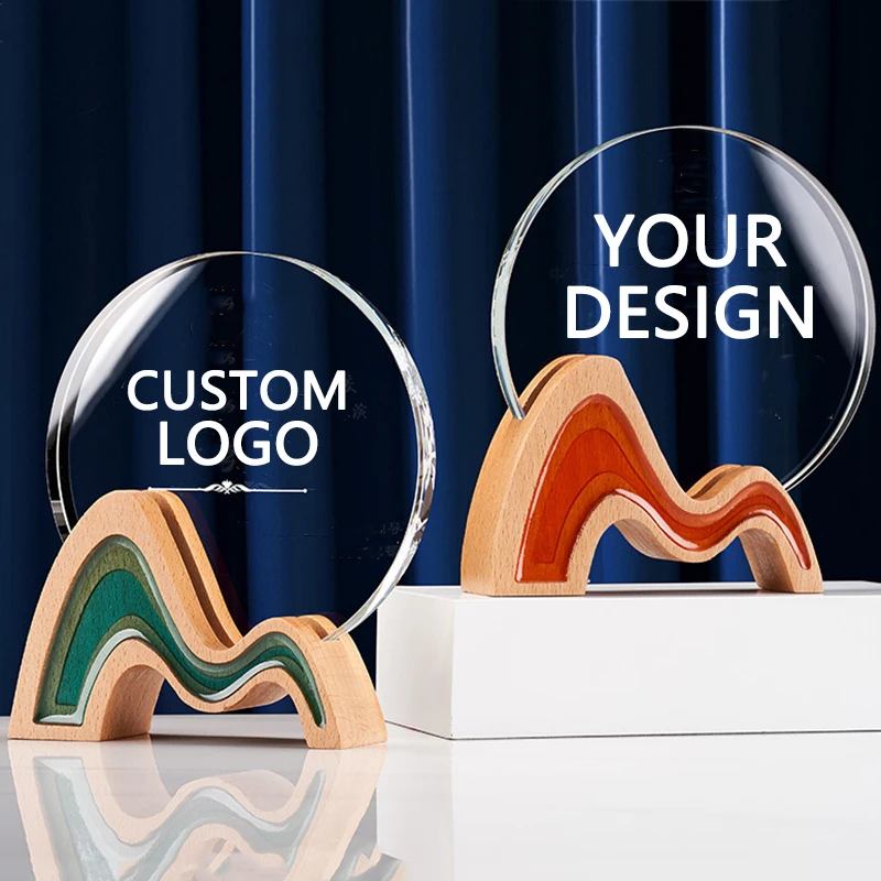 Wholesale Block Souvenir Music Piano Sample Manufacturer 3D Glass And Wood Shield Wooden Award Gold Plaque Trophy with Wood Base