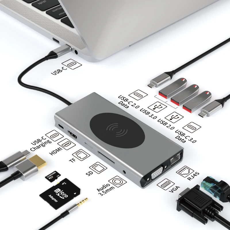 Macbook usb c концентратор 13 в 1 кабель с разъемами типа C и PD HD-MI SD TF AUDIO3.5 VGA RJ45 USB-C2.0 USB-C3.0 USB3.0 * 2 USB2.0 беспроводной зарядки