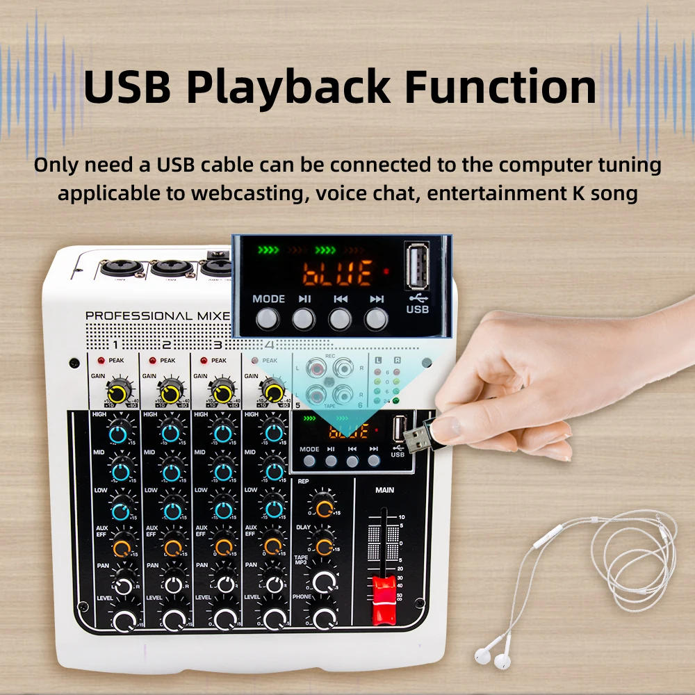 MIX400 4 Channel Sound Mixing Console USB Recording Computer 48V Phantom Power Delay Repaeat Effect Audio Sound Card & Mixer