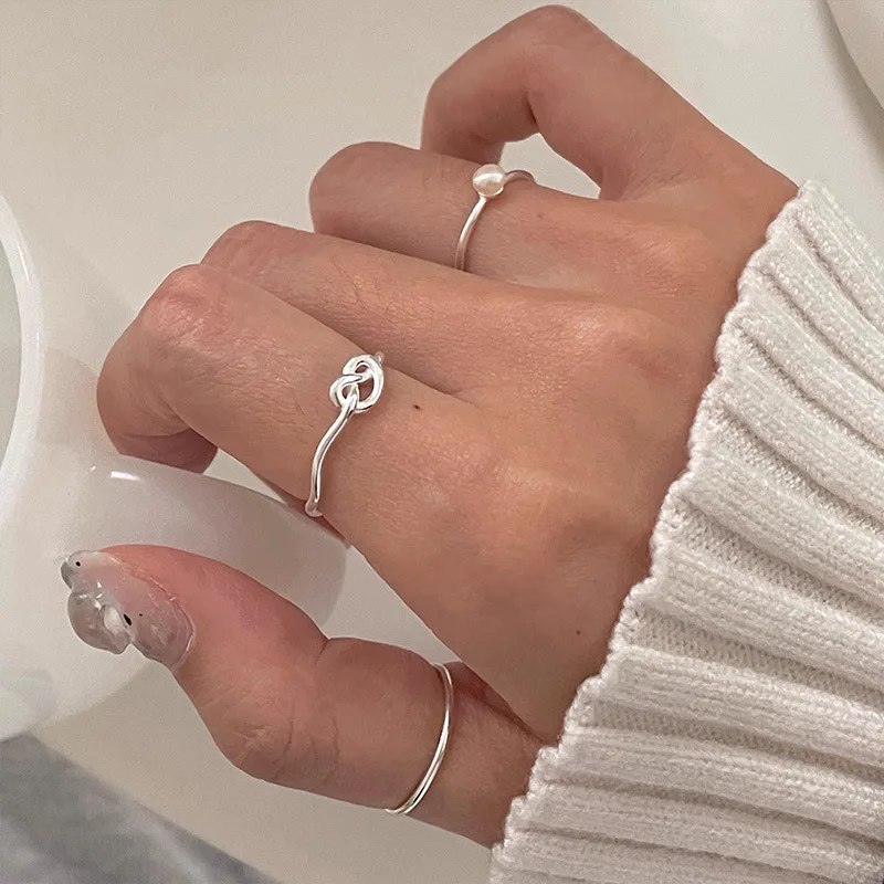 Statement 925 Pure Silver Knot Heart Ring Minimalist Fine Jewelry Sterling Silver Pearl Open Ring for Women