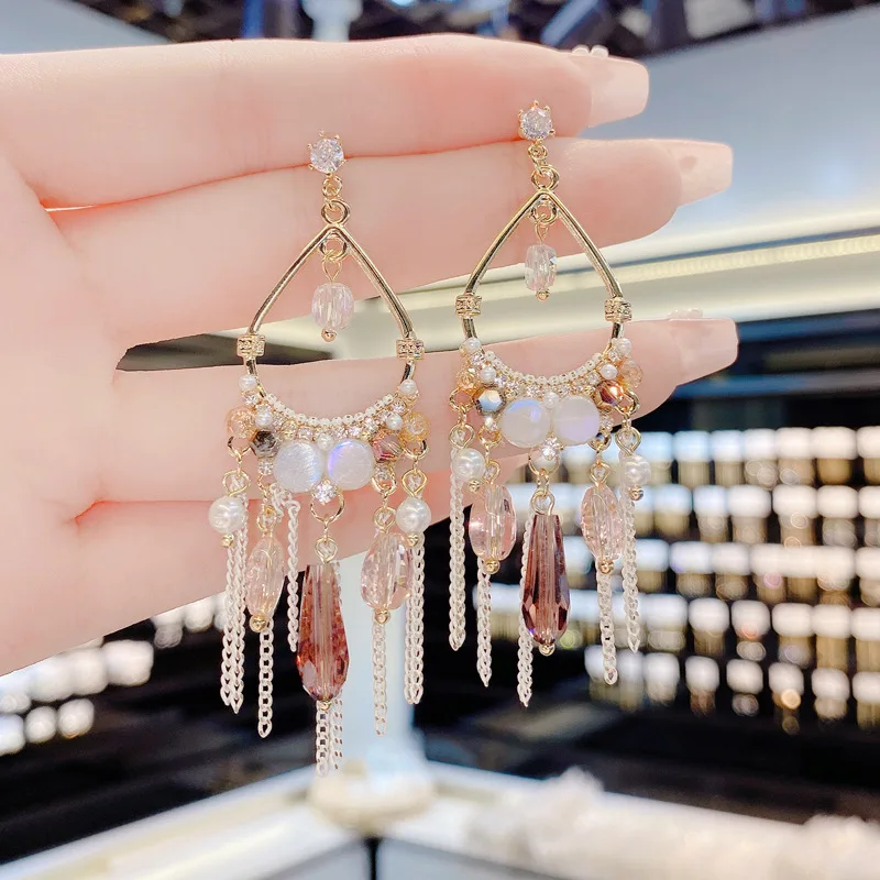New retro ethnic style luxury tassel earrings female fashion creative wild handmade crystal earrings