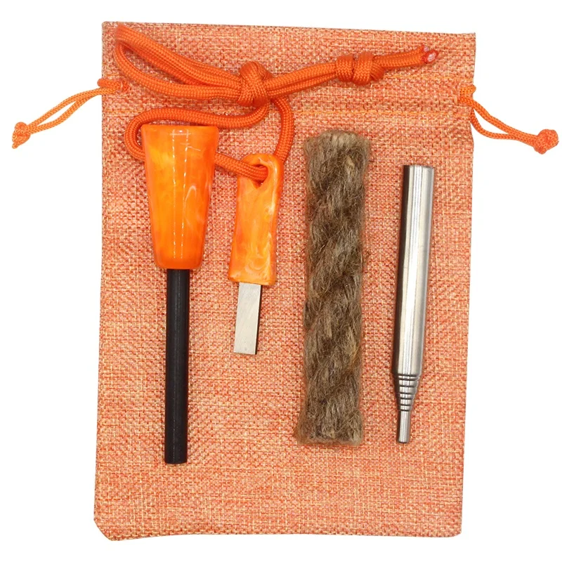High Speed Steel Striker Survival Flint Fire Starter Blowing Pipe Gift Fire Set with Bushcraft Fire Rope Tinder
