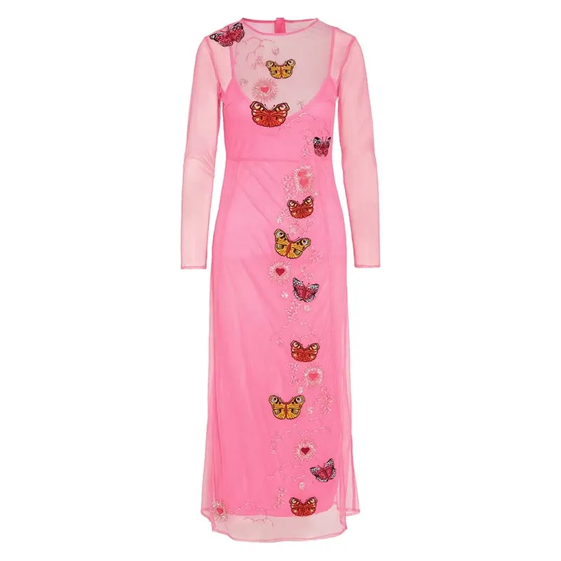 New Design Rhinestones Embroidery Long Sleeve Mesh Fabric Back Zip Up Sexy Cocktail Dress Party Dress For Women