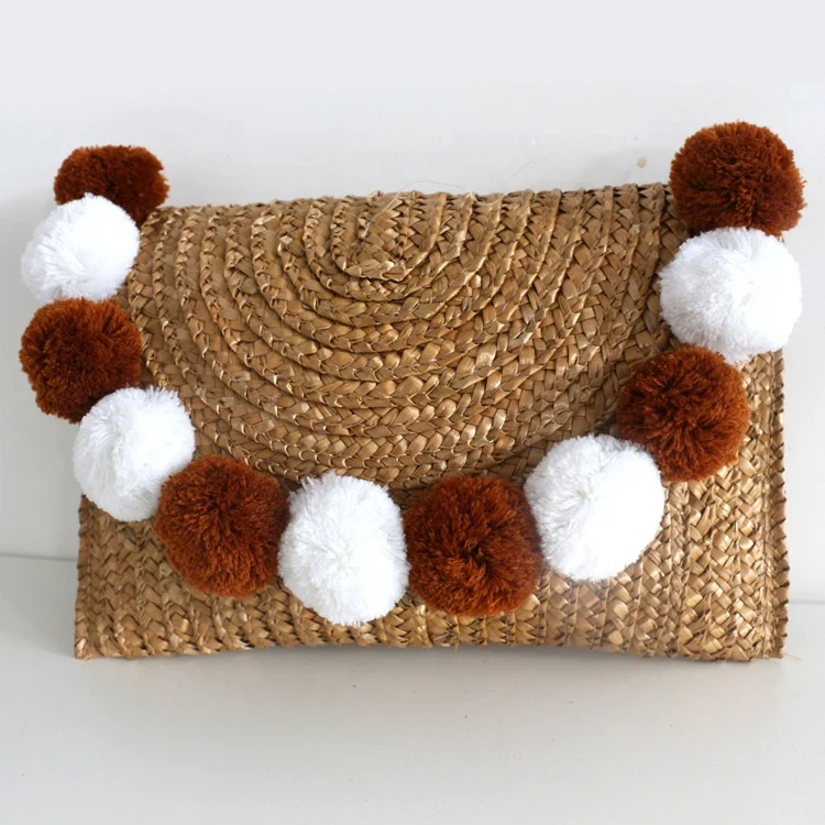 women wheat straw hand tote purses clutch bag and handbags with plush fur ball
