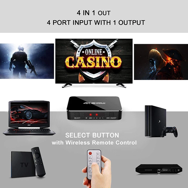 HDMI переключатель, 4K @ 60HzHDMI переключатель с оптическим TOSLINK SPDIF, 3,5 мм аудио поддержка функции ARC, 3D, 1080P @ 120 Гц, 4K @ 60 Гц HDTV