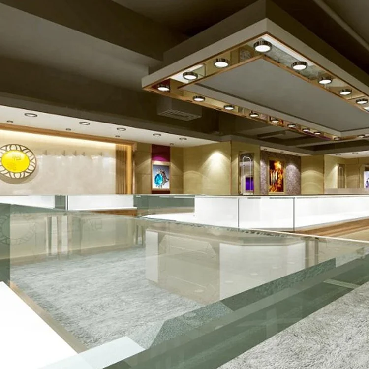 Luxury Gold Jewelry Store Wall Display Cabinet Design Custom Curved Glass Jewelry Counter Furniture Shopping Mall Display Rack