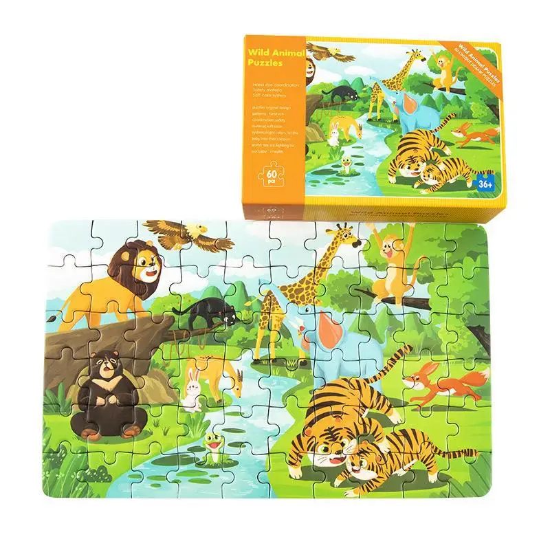 60PCS Custom 3D Kids  Animal Space Dinosaur Farm Jigsaw Wooden Puzzle Intelligence Early Education Toy DIY  Game  for Kids