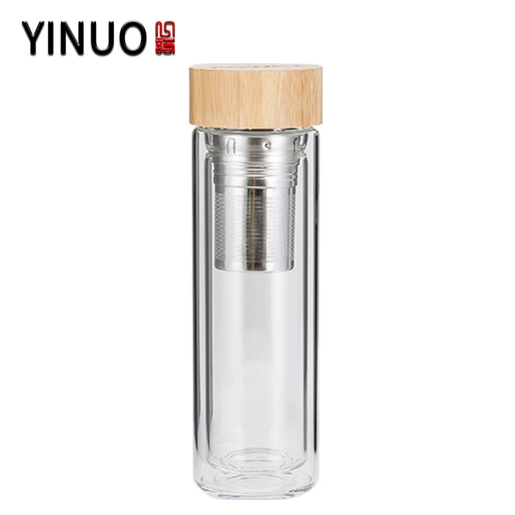 custom borosil glass fruit tea water bottle with tea infuser and wood lid